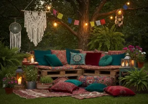 bohemian garden ideas, relaxed vibes