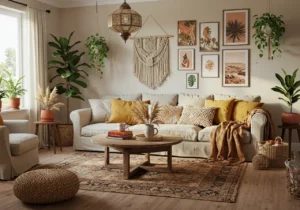 boho living room, bohemian design
